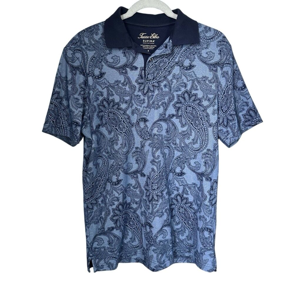 Tasso Elba Mens Sz S Blue Paisley Polo Shirt Supima Cotton Blend Collared